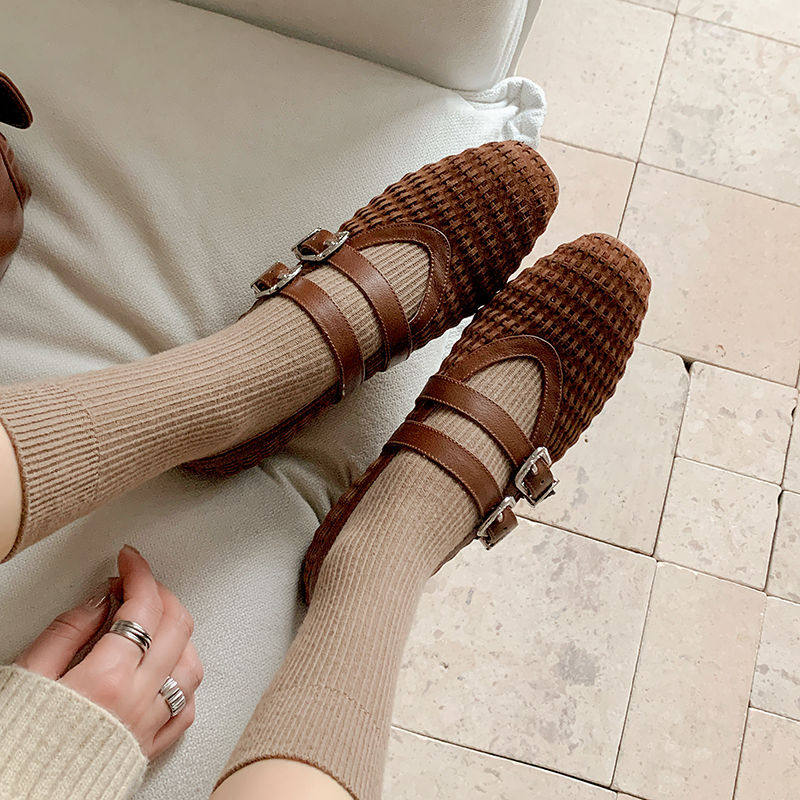 2025新款春季一字扣平底浅口单鞋女透气编织芭蕾舞鞋羊皮玛丽珍鞋,户外/登山/野营/旅行用品,登山鞋/徒步鞋,淘宝优惠券,粉丝福利购,淘宝优惠卷