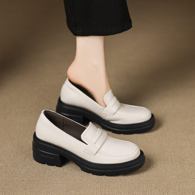 牛皮单鞋春秋新款厚底乐福鞋时尚接简约复古百搭通勤工作休闲女鞋