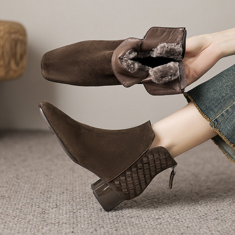 翻毛皮短靴女冬加绒加厚编织方头低跟粗跟真皮磨砂羊毛保暖雪地靴