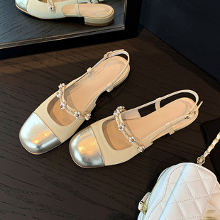 女低跟凉鞋 仙女风圆头粗跟后空单鞋 一字带花朵拼色凉鞋 2024夏新款