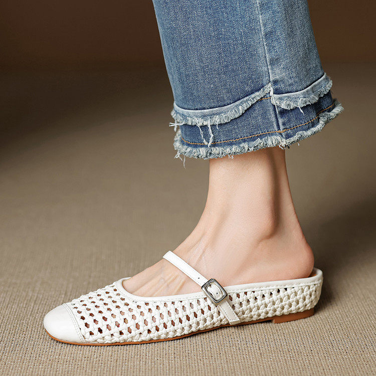 法式编织镂空透气包头半拖鞋女夏真皮圆头洞洞鞋凉拖一字带穆勒鞋