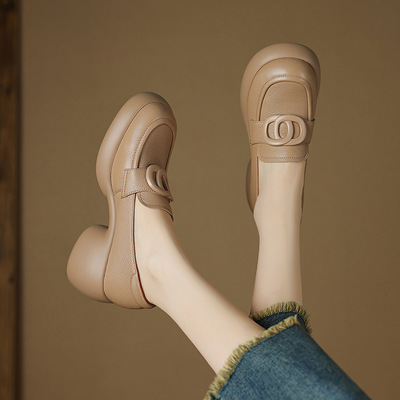 7cm！复古风真皮圆头粗高跟单鞋女2025新款早春一脚蹬厚底乐福鞋