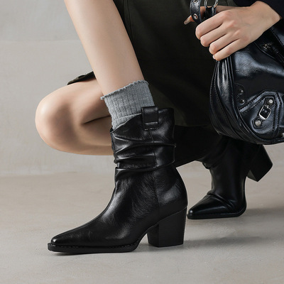 时尚气质尖头高跟短靴真皮粗跟套筒褶皱堆堆靴一脚蹬牛仔西部靴子