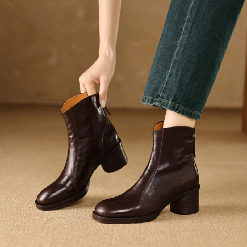 5cm头层羊皮复古圆头粗跟短靴女秋冬新款中跟短筒马丁靴单靴踝靴