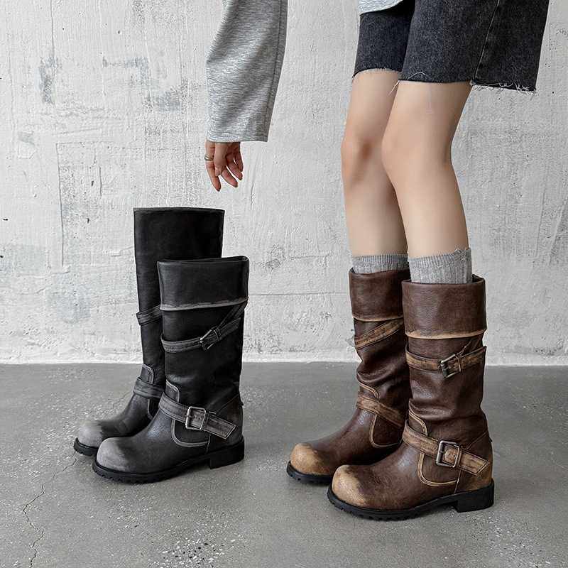 高定擦色牛皮版~复古长筒西部靴女显瘦皮带扣骑士靴翻折机车长靴