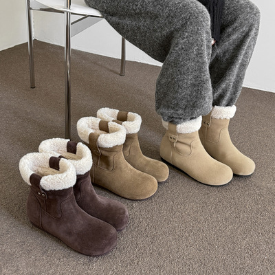 真皮圆头加绒加厚雪地靴女冬季新款百搭保暖翻毛皮内增高短筒靴子
