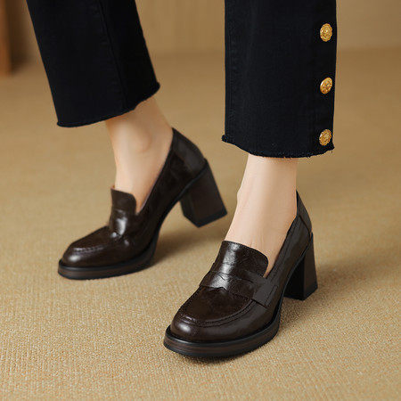 羊皮版~通勤复古高跟鞋女黑色一脚蹬真皮乐福鞋简约英伦风小皮鞋,户外/登山/野营/旅行用品,登山鞋/徒步鞋,淘宝优惠券,粉丝福利购,淘宝优惠卷