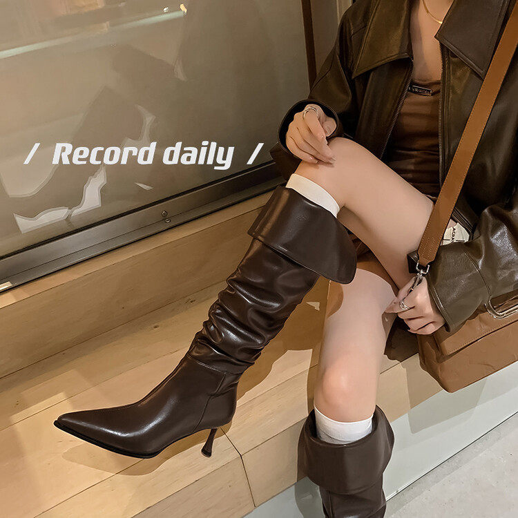 2023秋冬欧美风时尚简约细跟高跟浅口尖头性感夜店显瘦短靴女靴子