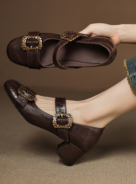 真皮红色法式单鞋女绝美不累脚高跟鞋子粗跟复古一字带扣玛丽珍鞋