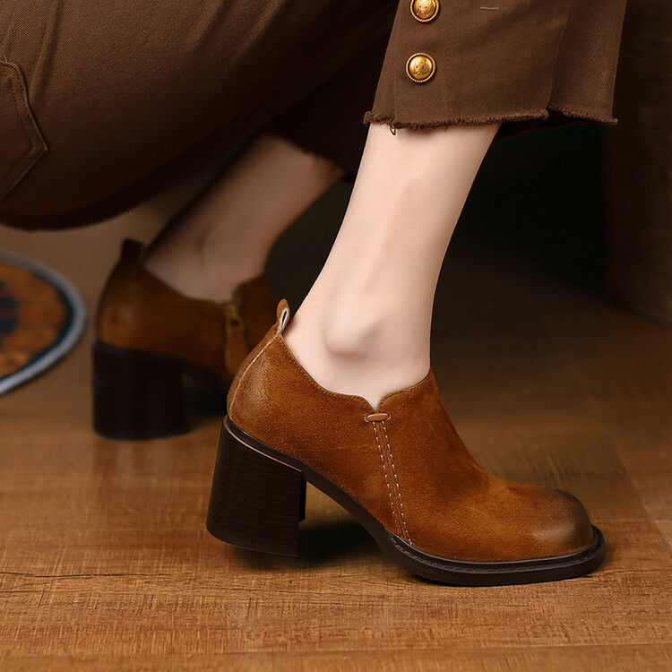 牛皮2023年早春粗跟方头深口秋冬季高跟复古风单鞋女侧拉链高跟鞋,户外/登山/野营/旅行用品,登山鞋/徒步鞋,淘宝优惠券,粉丝福利购,淘宝优惠卷