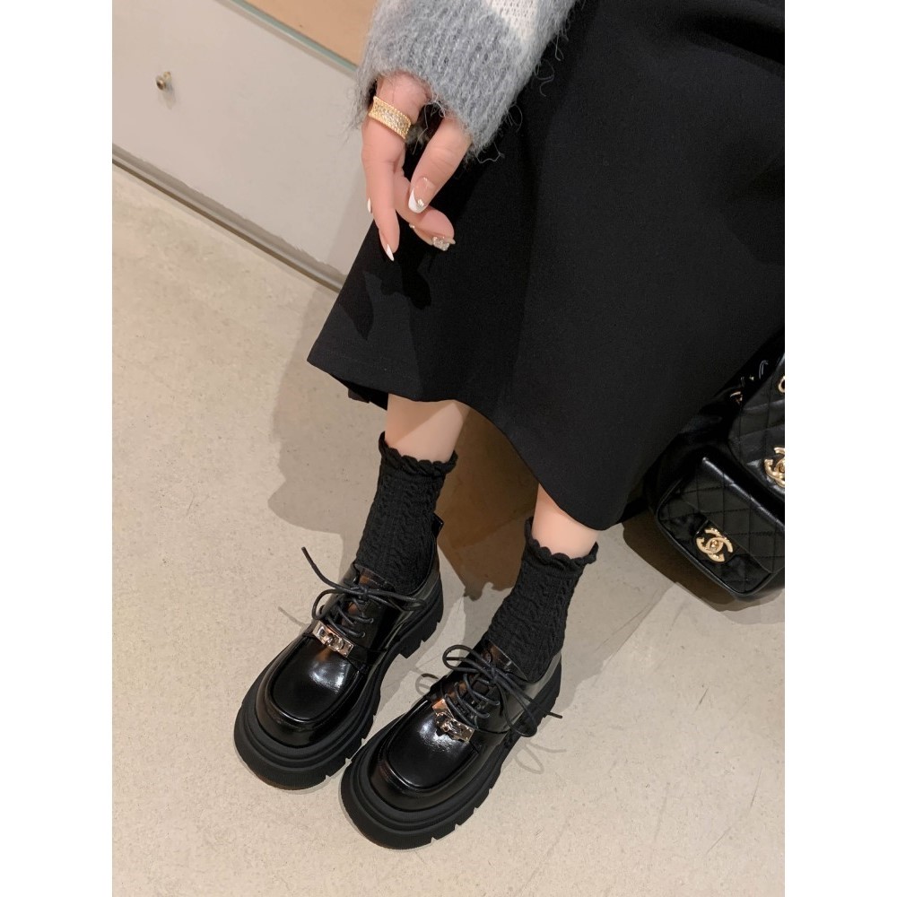 网红爆款圆头厚底松糕鞋英伦风锁