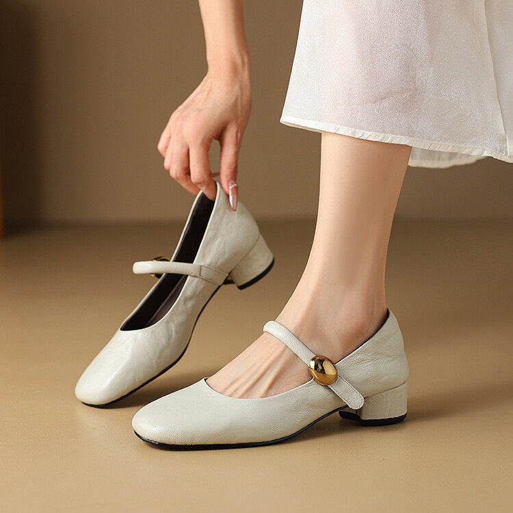 3.5CM，羊皮气质真皮软底法式女单鞋粗跟高跟鞋玛丽珍休闲鞋小皮~