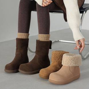 真皮保暖雪地靴女平底内增高加绒棉靴厚底东北棉鞋 两穿土豆短靴子