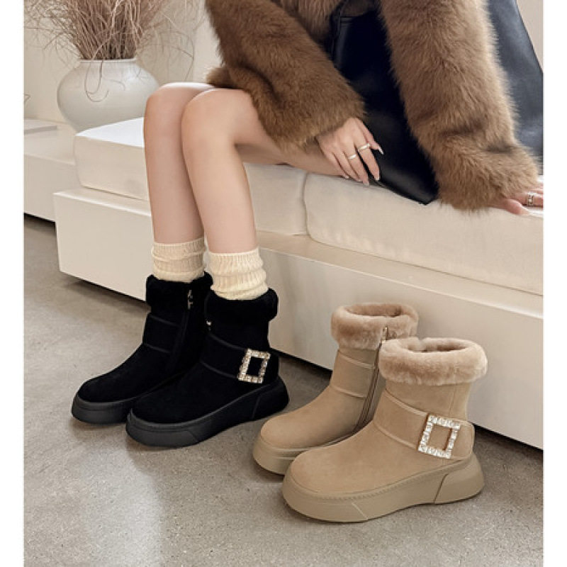 水钻厚底雪地靴女冬新款加绒保暖短靴松糕厚底圆头百搭东北大棉鞋