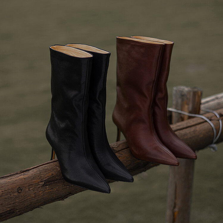 2024秋冬新款欧美风真皮高跟细跟尖头中筒靴女不过膝长靴瘦腿短靴