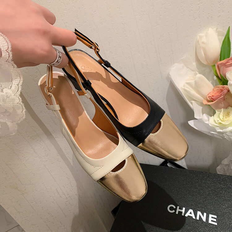 镂空鞋头小香风拼色粗跟包头后空凉鞋2023夏韩版气质舒适单鞋