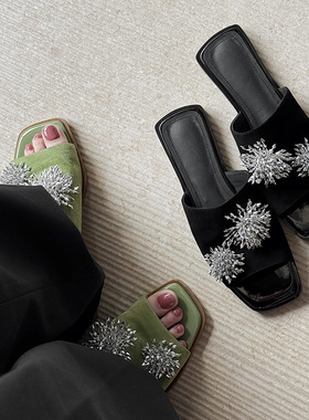 真皮法式超软羊皮绝美度假中跟浅绿色冰凌花朵方头凉拖鞋女夏外穿