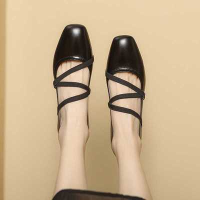 法式复古交叉绑带玛丽珍鞋女春秋粗跟方头软皮浅口芭蕾舞中跟单鞋