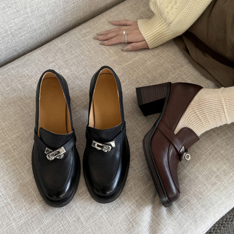 真皮圆头乐福鞋女2026新款粗跟高跟鞋黑色休闲单鞋百搭小皮鞋,户外/登山/野营/旅行用品,登山鞋/徒步鞋,淘宝优惠券,粉丝福利购,淘宝优惠卷