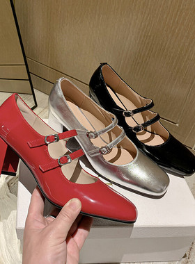 代发法式复古红色玛丽珍鞋女2023年春季新款方头扣带粗跟高跟鞋