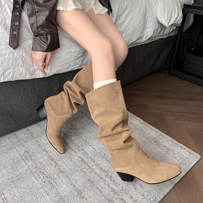 美拉德方头平底堆堆靴显瘦宽筒棕色过膝长筒靴女尖头粗跟西部靴