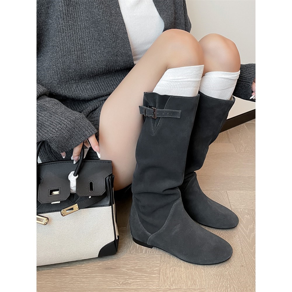 里外全皮~复古牛翻皮圆头内增高