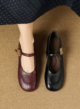 3cm粗跟羊皮红色玛丽珍鞋女春秋新款低跟法式浅口单鞋百搭小皮鞋