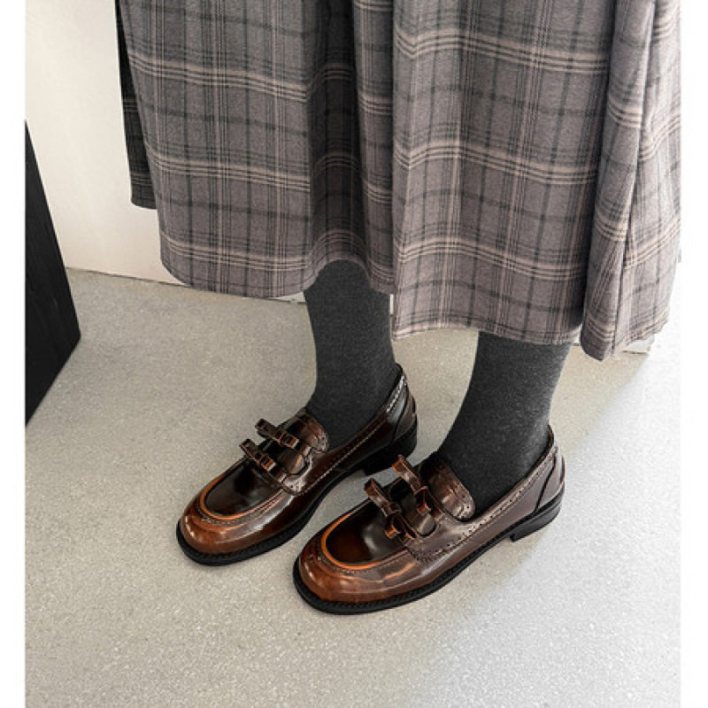 真皮布洛克乐福鞋擦色单鞋女款2026新款春季女鞋冬小皮鞋孟克鞋