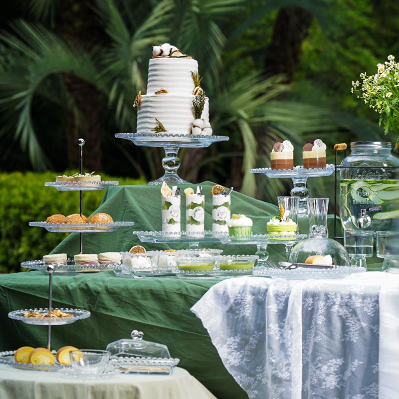 WBZ7透明甜品台玻璃高脚蛋糕托盘展示架森系摆台茶歇摆盘白色婚礼