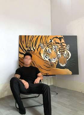 伯都与山君装饰画艺术小众客厅创意两只大老虎玄关处壁画卧室挂画