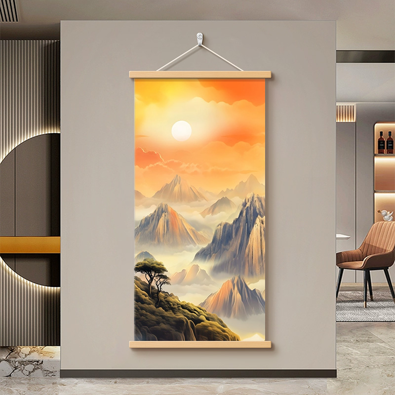 新中式旭日东升玄关装饰画沙发背景墙太阳画挂画日出东方卷轴壁画图片