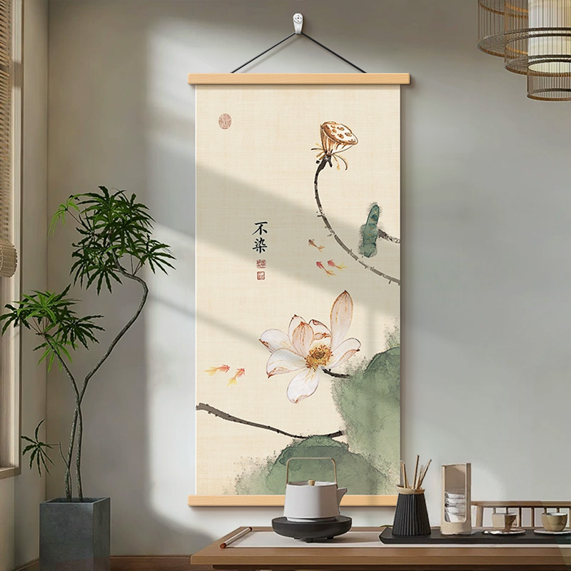 荷花玄关装饰画新中式走廊过道尽头竖幅艺术挂画茶室水墨禅意壁画图片