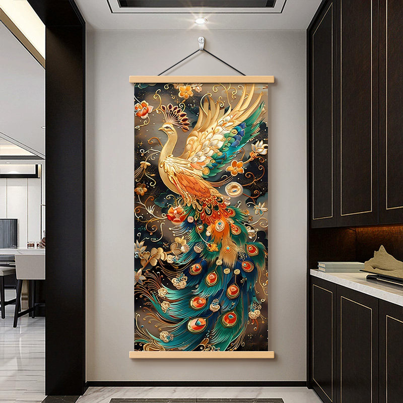 客厅玄关装饰画国风有凤来仪孔雀竖版新凤凰走廊过道中式挂画壁画