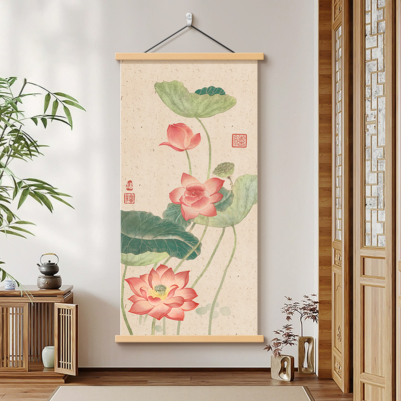 新中式荷气生财玄关装饰画茶室书房水墨画客厅竖版挂画荷花壁画图片