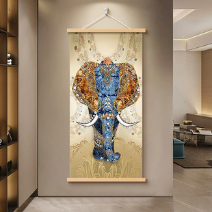 吉祥如意入户玄关装饰画轻奢现代走廊尽头挂画大象壁画卷轴挂布