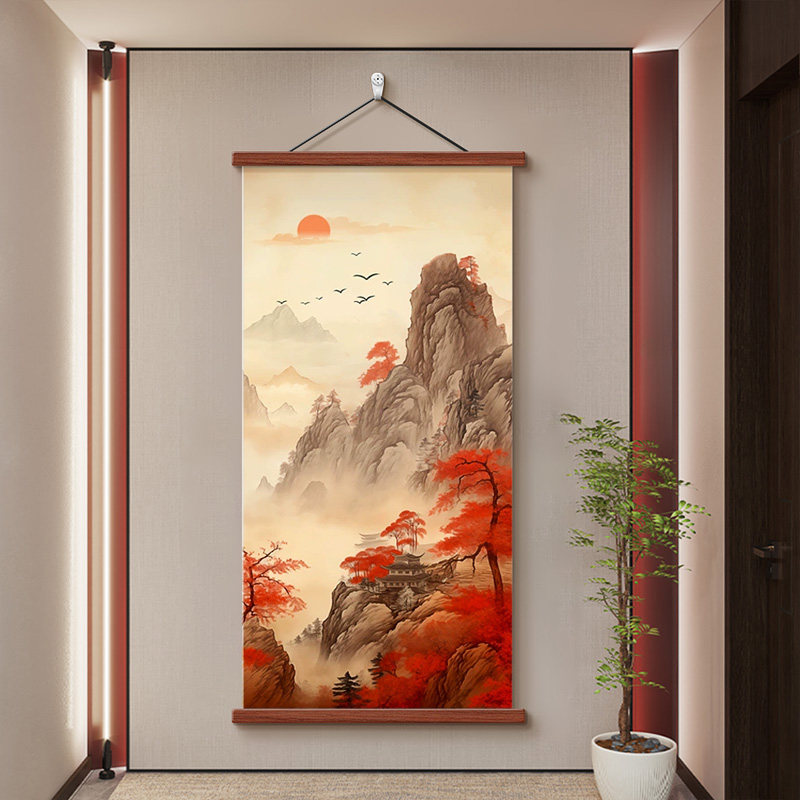 鸿运当头山水画竖版玄关装饰画中式靠山招财入户门正对门实木挂画