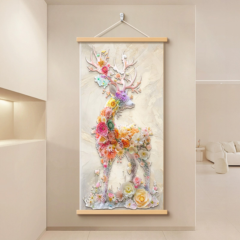 奶油风麋鹿玄关装饰画一路生花卉客厅入户门挂画走廊尽头竖版壁画图片