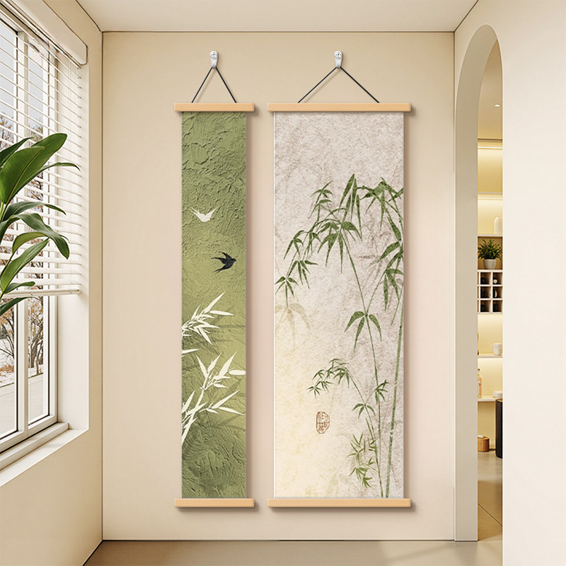 竹报平安玄关装饰画入户正对门奶油风飞鸟竹子竖版组合画高档壁画图片