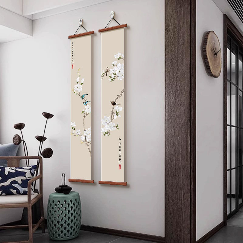 新中式玉兰花玄关装饰画竖版花鸟中国风挂画客厅走廊窄长条形壁画,家居饰品,现代装饰画,淘宝优惠券,粉丝福利购,淘宝优惠卷