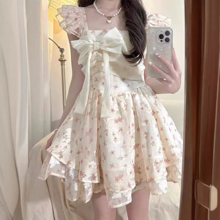 甜美纯欲风小飞袖 法式 蝴蝶结碎花连衣裙女小个子在逃公主蓬蓬裙夏