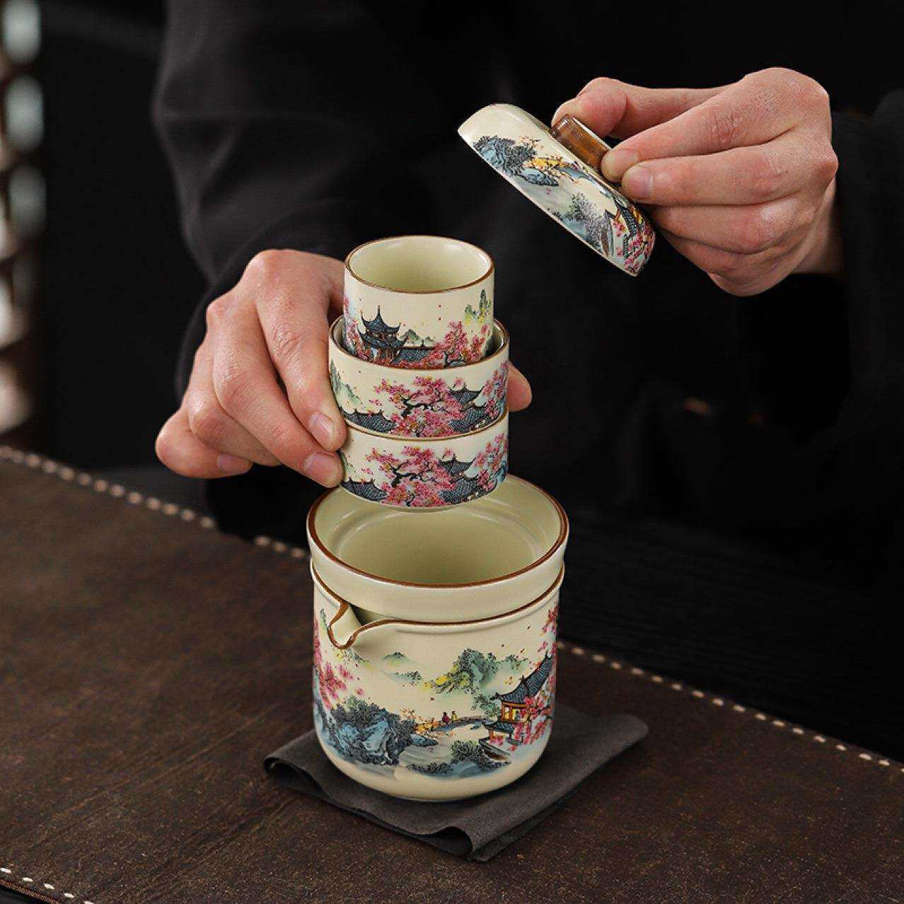 仿宋汝窑桃源记快客杯旅行茶具套装户外便携快客杯车载旅游泡茶杯