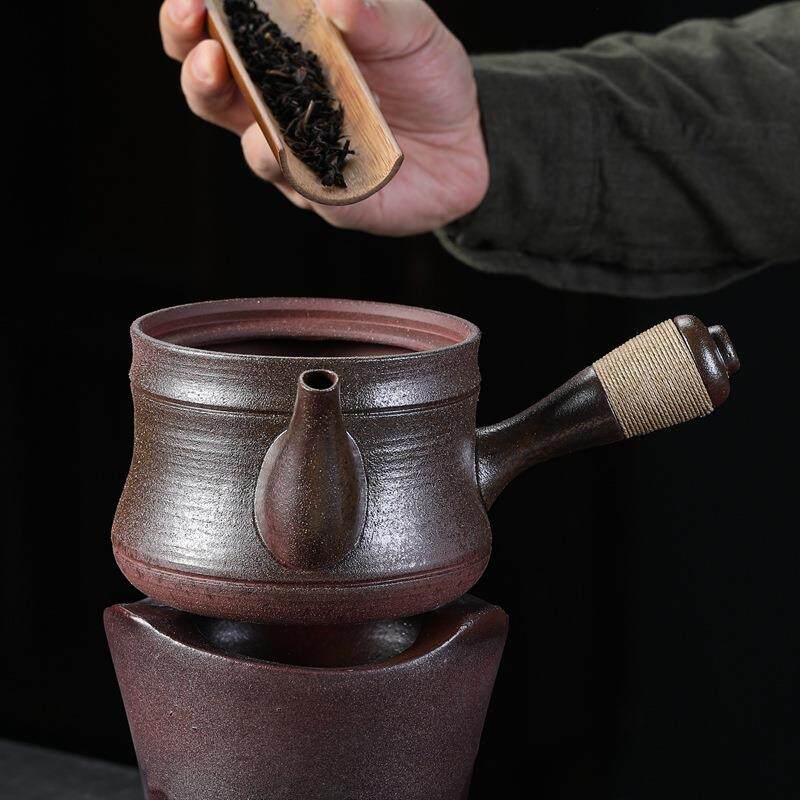 侧把红泥大口手工砂铫煮茶壶窑变跳盖家用烧水泡茶壶炭炉茶具套装