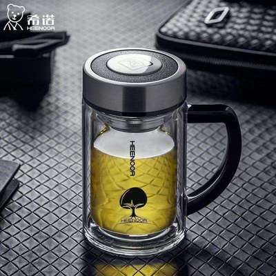 希诺6721双层玻璃杯带把手大容量杯子过滤办公室家用泡茶杯便携