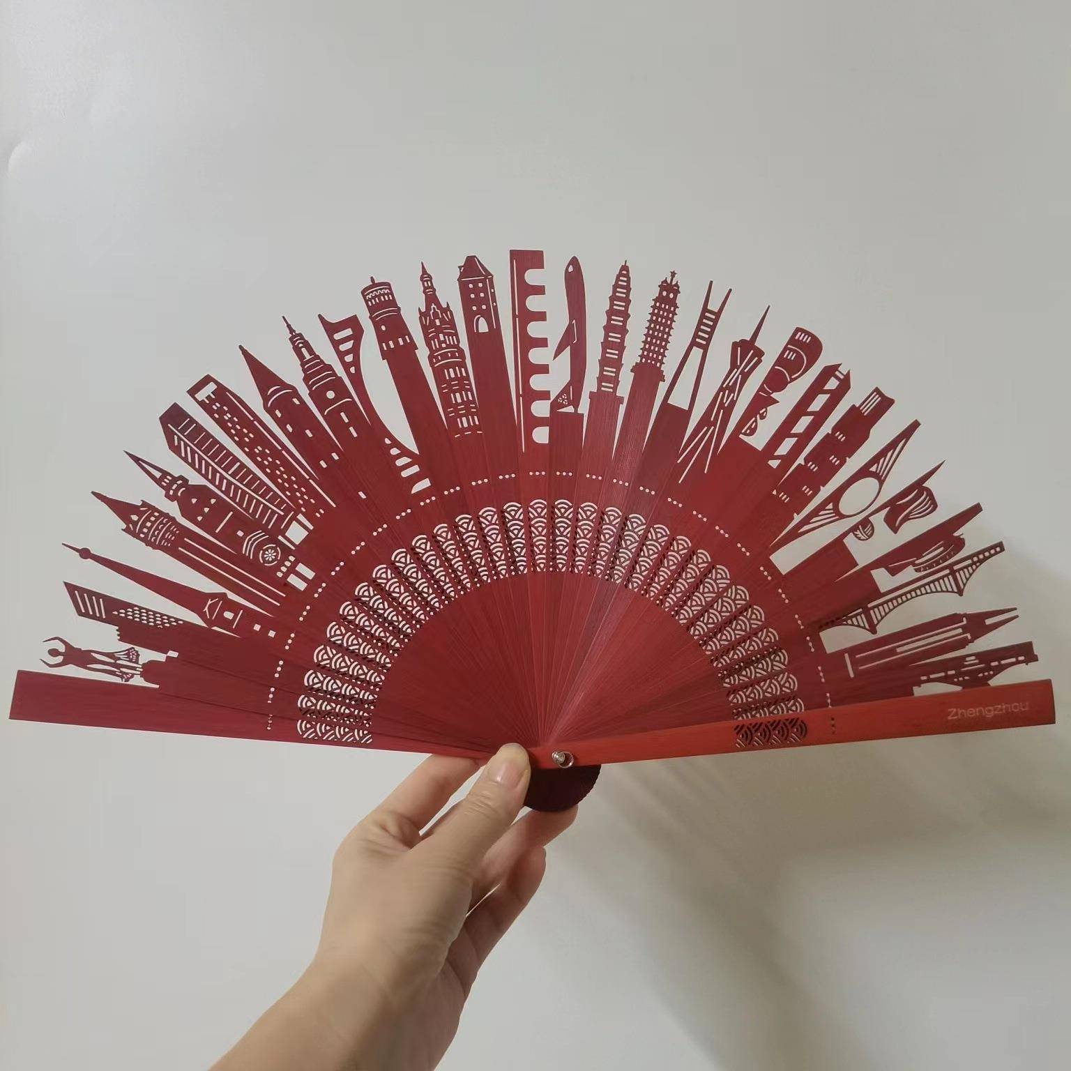 中国特色礼品送老外折扇镂空扇定全竹扇制地标扇仿乌木创意扇子