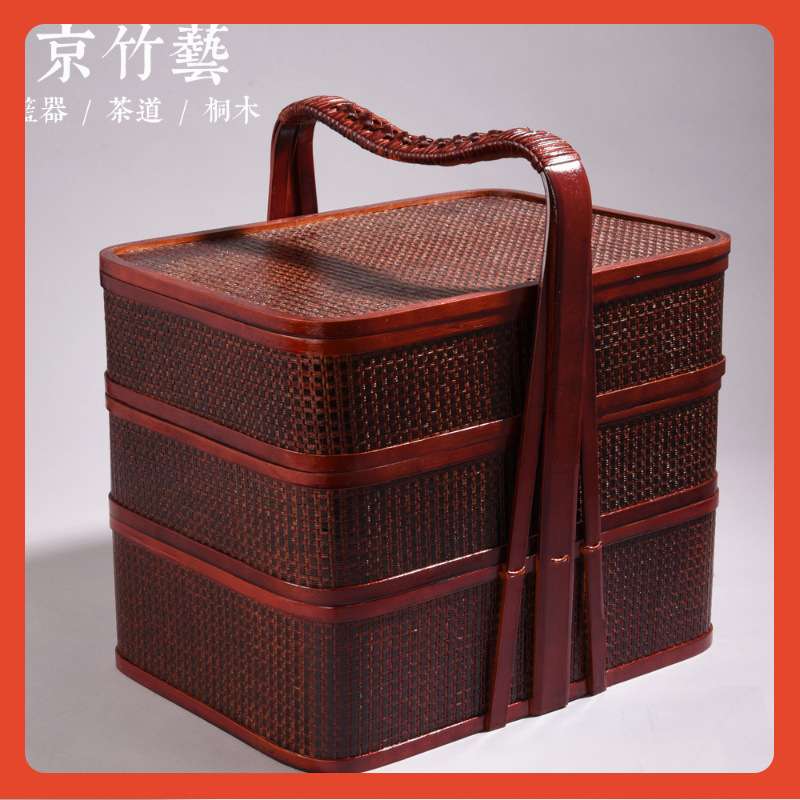 ?玉藤食盒提篮竹编篮子手提送餐三层拜拜用编织竹篮子古代祭祀