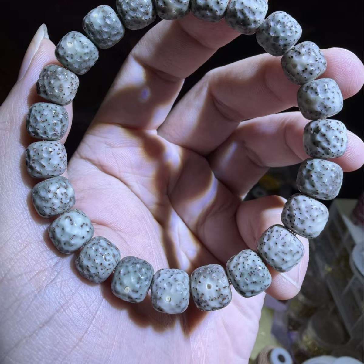 海南无相星月菩提手串单圈原生态白糯种绿幽灵文盘玩佛珠手链