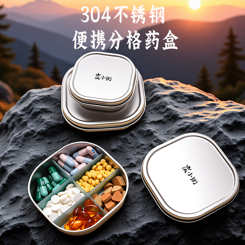 炭小街304不锈钢小药盒便携式药品分装盒一日三餐迷你随身分药盒