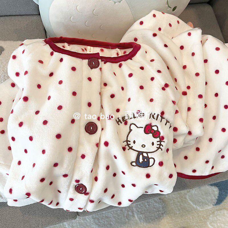 红色波点KT猫睡衣女款q春秋冬季法兰珊瑚绒加厚加绒套装可爱家居