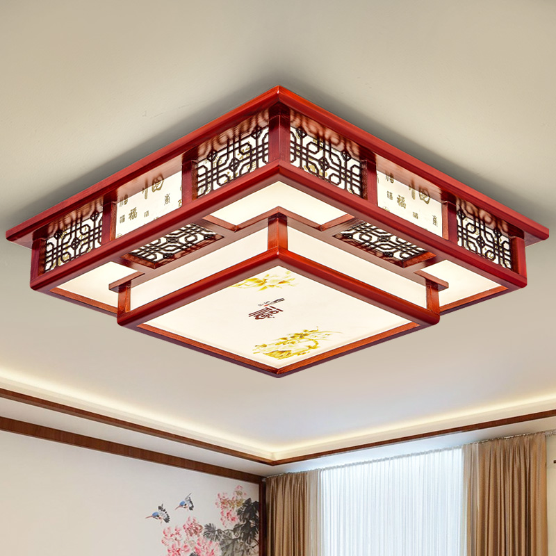 新中式客厅灯长方形吸顶q灯实木led大厅灯仿古中国风灯饰灯具套餐