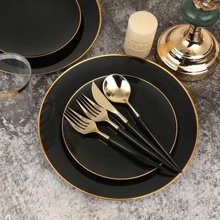 一次性黑色金边盘纯白H塑料盘硬质金边西餐盘牛排盘 25个装 包邮